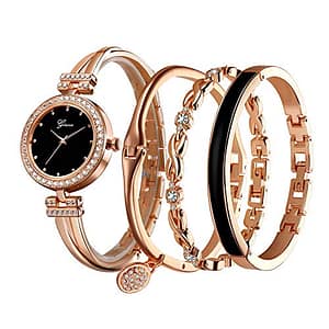 Clastyle Set Orologio e Bracciale Donna Oro Rosa Scintillante Orologio Polso Cristallo Donna con 3 Braccialetto Strass Acciaio Regalo Orologio