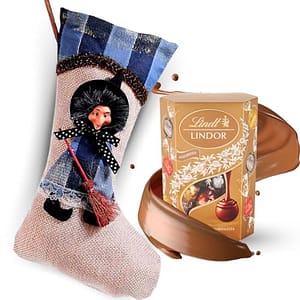 Idea Regalo Epifania - Lindt Lindor - Calza Befana Azzura 27cm + 200gr Praline Assortite Lindt Lindor - Confezione Regalo - Natale 2023(AZZURRA)