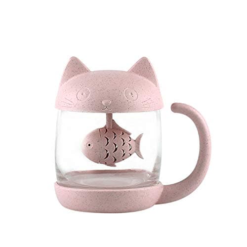 Tazza gatto da tè in vetro con filtro infusore a forma di pesce, 250ML (8OZ)